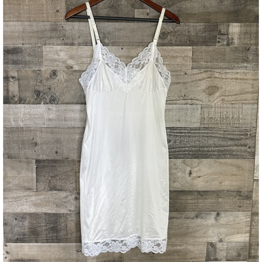 Vtg‎ Lorraine Satin Strappy Midi Nightgown Lace Trim Sz 36 Ivory Embossed Floral